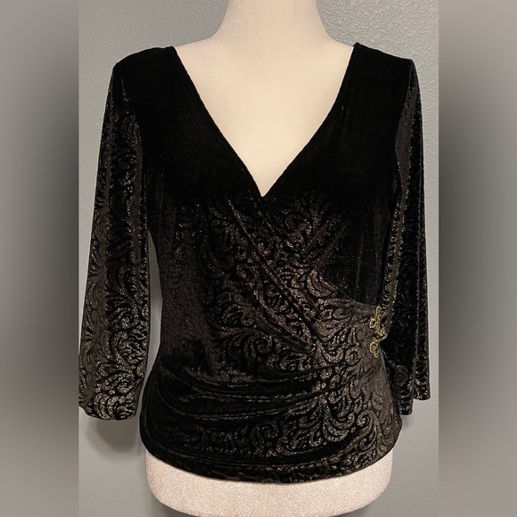 Cachet Tops - Cachet Women’s Black & Gold Velvet Burnout Top Faux Wrap Ruched Holiday Large